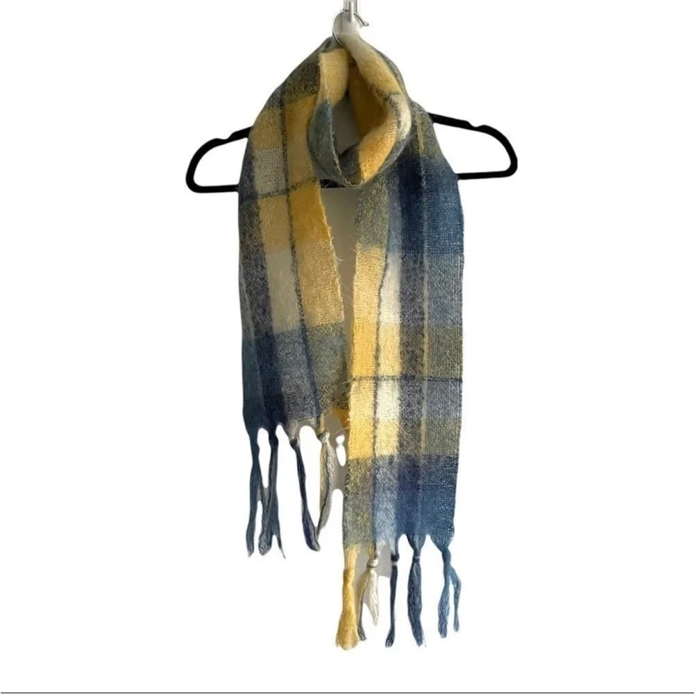 ST ALBANS Australia Pure Mohair Wool Plaid Winter Scarf Yellow Blue Cream